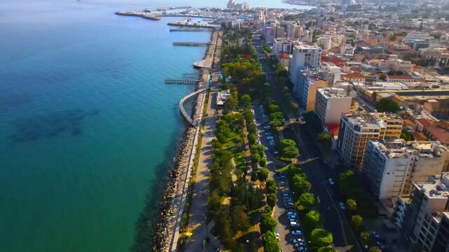 Beautiful Aerial View of Molos Seafront Promenade and Limassol City on the Mediterranean Coast, Cyprus