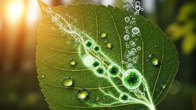 Green leaf converting solar radiation energy, synthesizing carbon dioxide into crucial oxygen, demonstrating intricate cellular activity, generating life-sustaining organic matter.