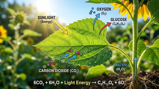 Photosynthesis, a fundamental biological mechanism transforming solar radiation into chemical energy inside a verdant plant leaf.