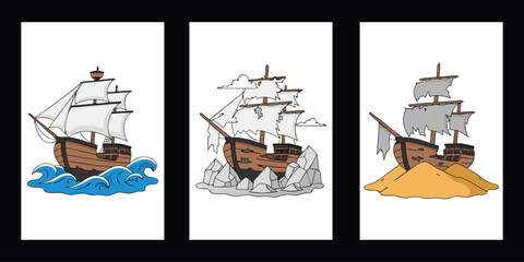 Vintage Sailing Ship and Shipwreck Collection Vector Illustration Set, © Rujon