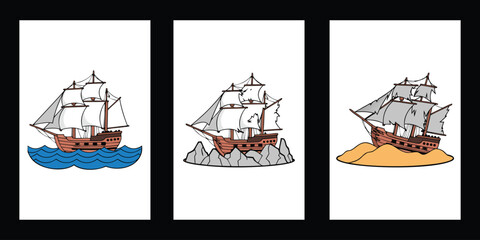 Vintage Sailing Ship and Shipwreck Collection Vector Illustration Set, © Rujon