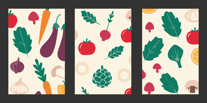 Modern Colorful Vegetable Pattern Collection with Eggplant Tomato Garlic Mushroom and Leafy Greens Vector Set,