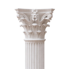 Obraz premium Ornate white Corinthian column capital with acanthus leaves and a fluted shaft, isolated on white transparent