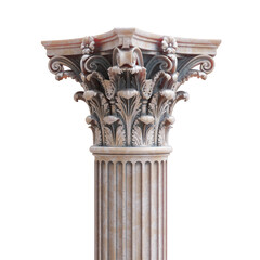 Obraz premium Ornate Corinthian marble column capital with acanthus leaves above a fluted shaft, isolated on white transparent