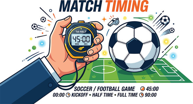 Soccer match timing concept with referee stopwatch and football field background football stopwatch countdown competition strategy tournament equipment halftime fulltime championship