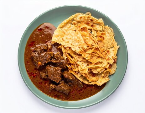 Madurai Kari Parotta Mutton Gravy On Sage Green Plate Isolated On White Background