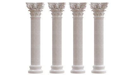 Obraz premium Four ornate Corinthian marble columns with fluted shafts and acanthus capitals, isolated on white transparent