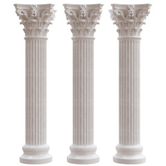 Obraz premium Three ornate white marble Corinthian columns feature fluted shafts and carved acanthus capitals, isolated on white transparent