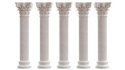 Obraz premium Five fluted Corinthian marble columns with ornate acanthus capitals, isolated on white transparent for classical architectural design
