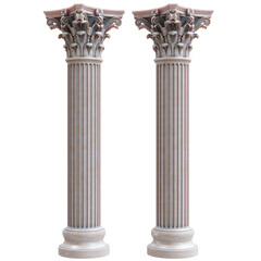 Obraz premium Two ornate Corinthian marble columns isolated on white transparent, featuring fluted shafts, carved acanthus capitals, and round bases