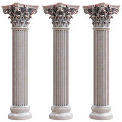 Obraz premium Three fluted marble Corinthian columns with carved acanthus capitals, isolated on white transparent for classical architectural design