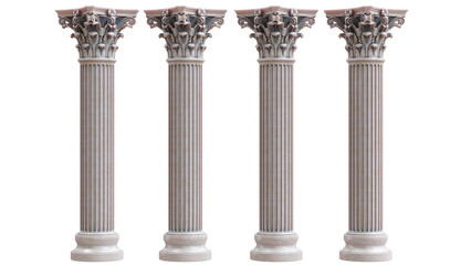 Four ornate Corinthian stone columns with carved capitals and fluted shafts stand in a row,...