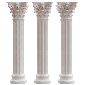 Three ornate white marble Corinthian columns feature fluted shafts and carved acanthus capitals, isolated on white transparent