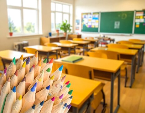 Bunch of colorful pencils in foreground with empty classroom in background.