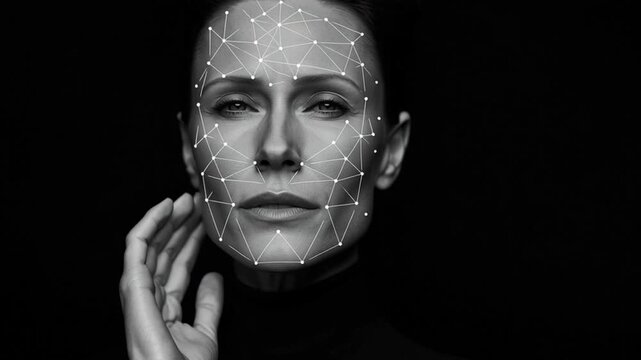 Facial recognition technology mapping woman face with connected points and lines black and white digital connection showing identity verification