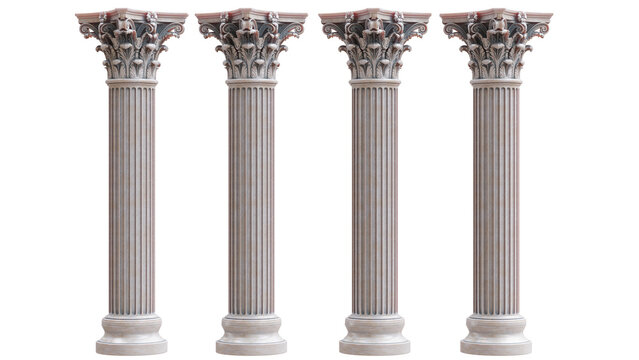 Four ornate Corinthian stone columns with carved capitals and fluted shafts stand in a row, isolated on white transparent