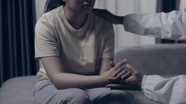 Caregiver comforting a woman with depression after domestic violence. Mental health, emotional support, empathy, therapy, recovery, hope, compassion, healing, 4K.