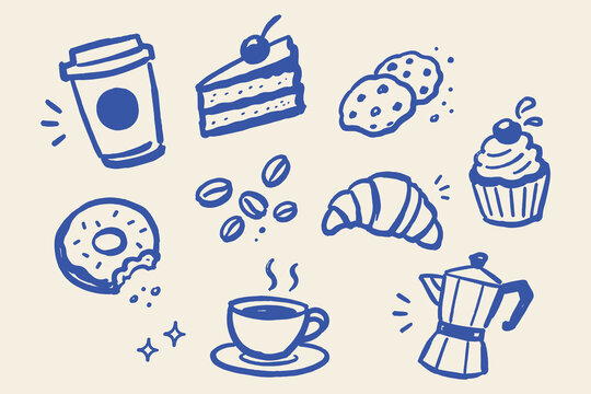 Coffee and Pastry Doodle Set Vector Illustration