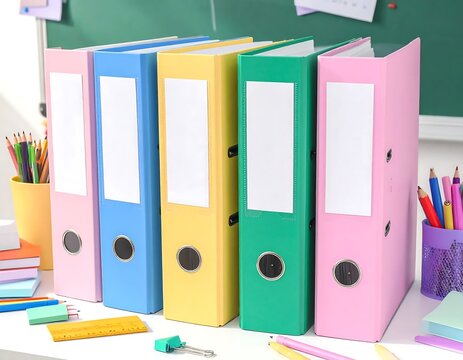 Colorful office binders organized on a desk in a classroom setting.