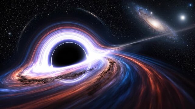 Black hole, visualizing cosmic singularity, immense gravitational force distorting spacetime, encircling event horizon, absorbing mass and radiant energy into accretion disk.