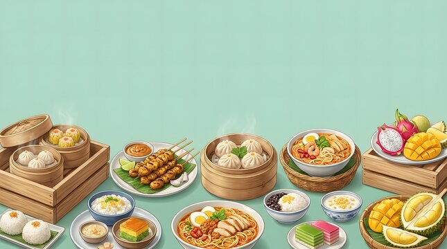Flat vector illustration of various Asian culinary dishes dim sum and tropical fruits