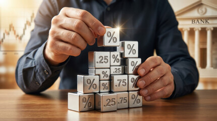 Naklejka premium Hand percent bank finance cube investment interest business money loan saving risk economy currency rate market return growth stack block metal