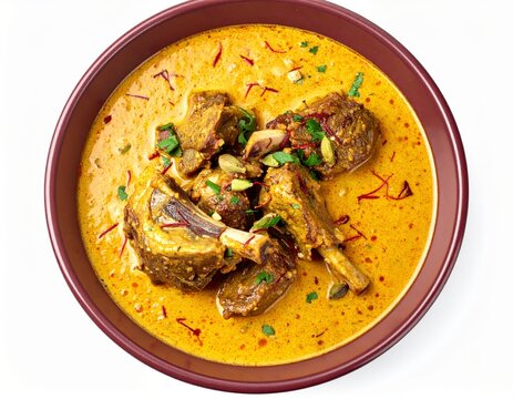 Mughlai Mutton Badami Korma In Deep Plum Bowl Isolated On White Background