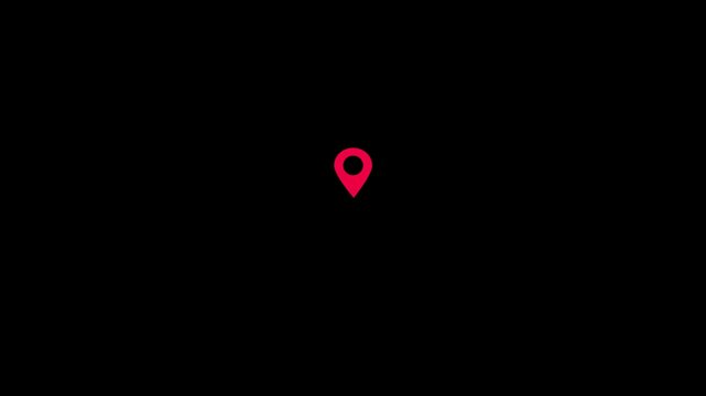 Red location pin icon animation on black background, GPS navigation marker symbol, digital map pointer, travel destination indicator, logistics tracking concept, seamless 4K motion graphic