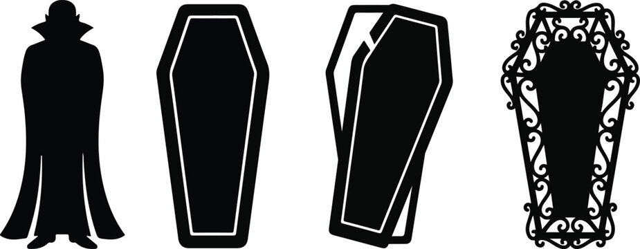 Halloween ghost silhouettes with coffins and vampire for spooky decorations