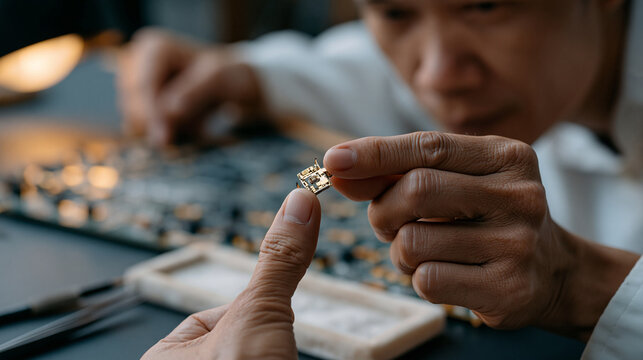 Vietnamese engineer holds up completed miniature CubeSat component between fingertips for close-up quality inspection, blurred circuit board assembly bench behind, tweezers