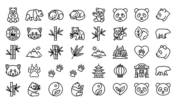 Travel Nature Animal and Cultural Outline Icon Collection with Panda Temple Mountain and Wildlife Symbols