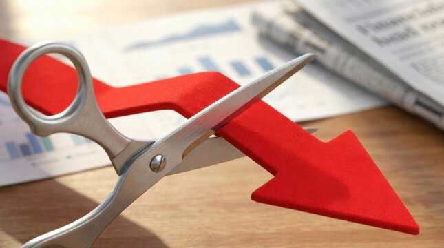 Steel scissors cutting red arrow business decline concept financial loss chart office desk background close up crisis failure reduction