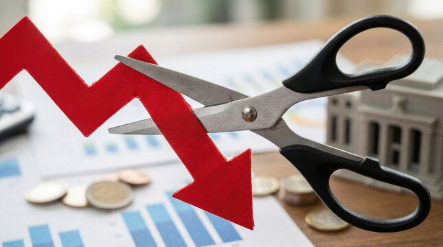 Sharp scissors cutting red downward arrow chart, finance decline concept on desk