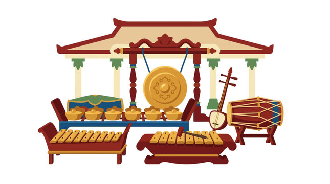 Colorful Gamelan percussion instruments in Southeast Asian style.
