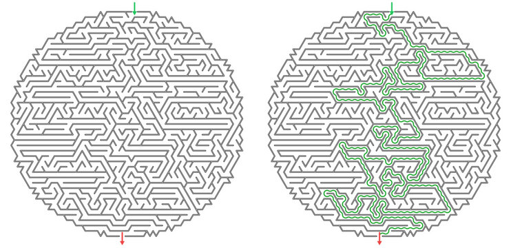 Vector maze in the shape of a circle with the solution on transparent background  