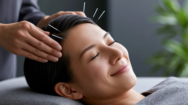 Acupuncture therapy on smiling woman with closed eyes receiving needles on head for relaxation and wellness