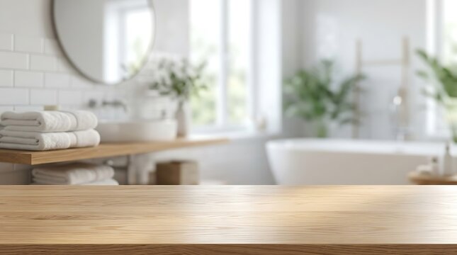 Empty Wooden Table Top in Blurred Modern Bathroom Interior for Product Display Mockup Presentation Website Banner.
