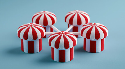 Fototapeta premium Circus tent model connected in network on blue background symbolizing business franchise or partnership concept with red and white stripes