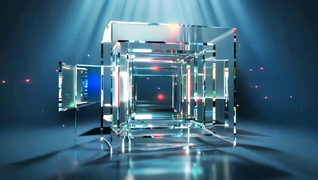 A futuristic abstract transparent glass cube structure with blue light rays and reflections.