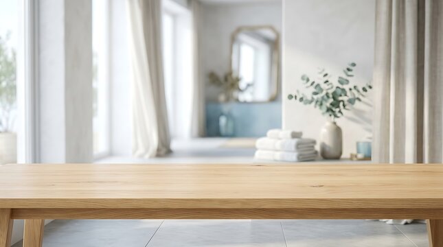 Empty Wooden Table Surface Background for Product Display in Bright Minimalist Modern Bathroom Spa Interior Concept