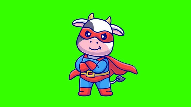 Cute cartoon super hero cow character on a green screen background
