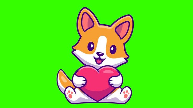 Cute animated Corgi dog holding a heart on a green screen background