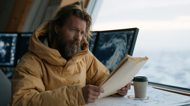 Sami space meteorologist reads atmospheric balloon data at Arctic monitoring station, satellite imagery on three screens showing September ionospheric activity, frozen landscape