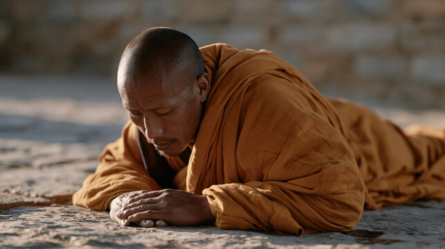 Tibetan Buddhist monk in saffron robe performs slow meditative prostrations inside ancient stone temple at dawn, candid unposed moment, soft incense haze, religious practice