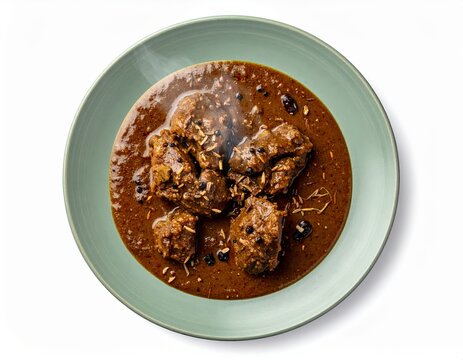 Palakkad Mutton Jeera Kari Cumin Roast On Sage Green Plate Isolated On White Background