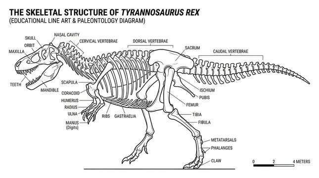 Detailed illustration of a T-Rex skeletal structure diagram in a laboratory setting for educational purposes with dinosaur, skeleton, bone, structure, and fossil.
