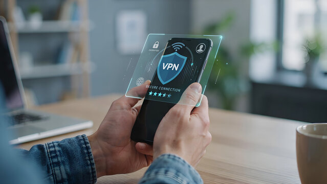 Hands holding a smartphone with a transparent holographic shield displaying vpn secure connection text and five stars on a wooden table