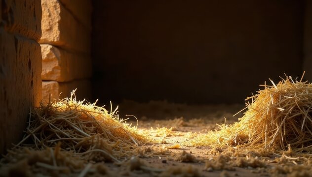 Hay and straw scattered on the ground in an empty manger, dim lighting, animal shelter, rustic barn