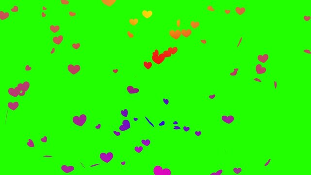 Colorful floating hearts animation on a green screen background