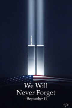 Light beams piercing night sky symbolize remembrance, honoring lives lost on September 11, 2001